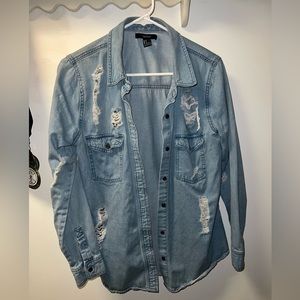 Distressed jean button down shirt